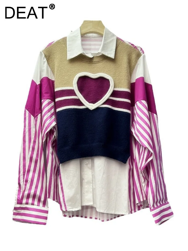 DEAT Women's Shirt Loose Patchwork Fake 2 Pcs Knitted Heart Striped Single Breasted Blouse Spring 2025 New Fashion 29L8684