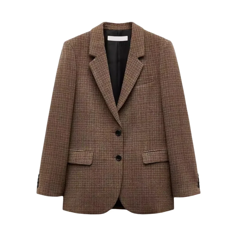 

Autumn Winter Women's Casual Long Sve Plaid Straight Leg Suit Jaet Mixed Fiber Stand Collar Zipper Closure Faionable