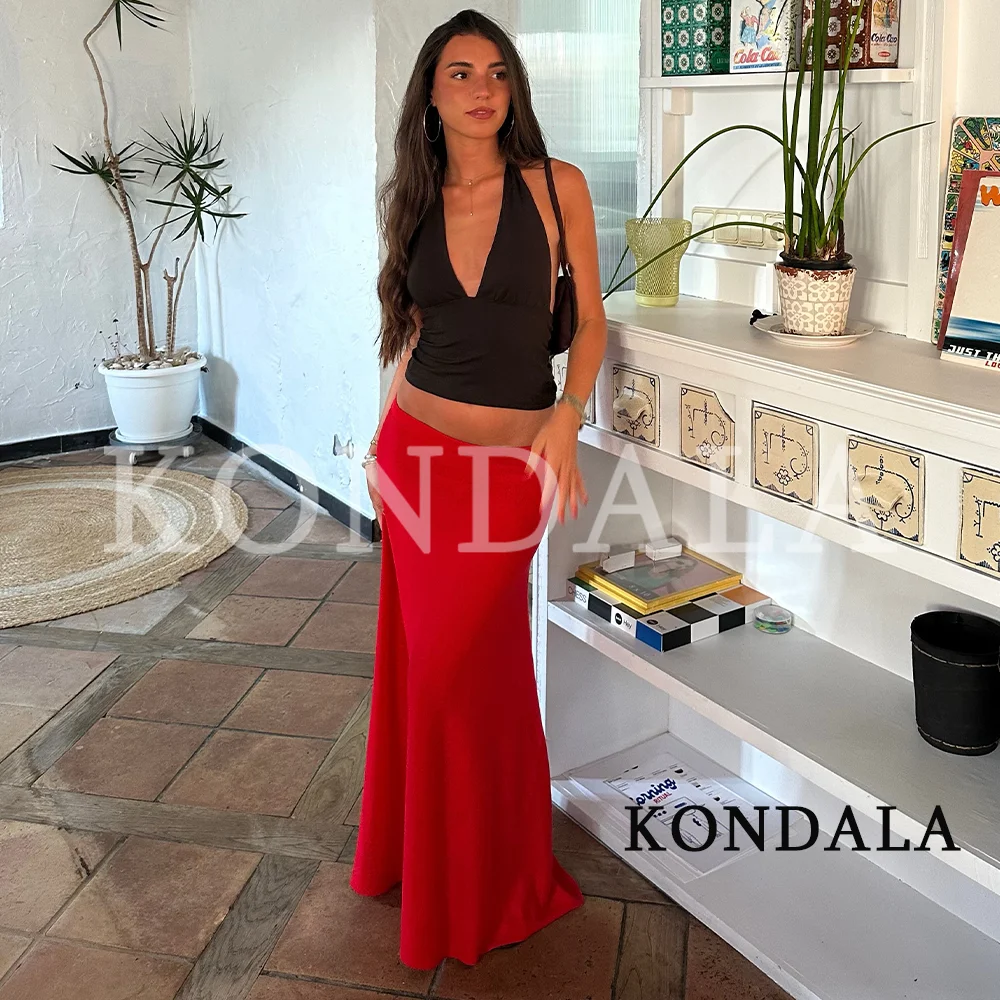 KONDALA Women Elegant Red Satin Midi Skirt 2026 Summer Trendy High Street Holiday Skirts Female Leisure Chic Elastic Waist Skirt