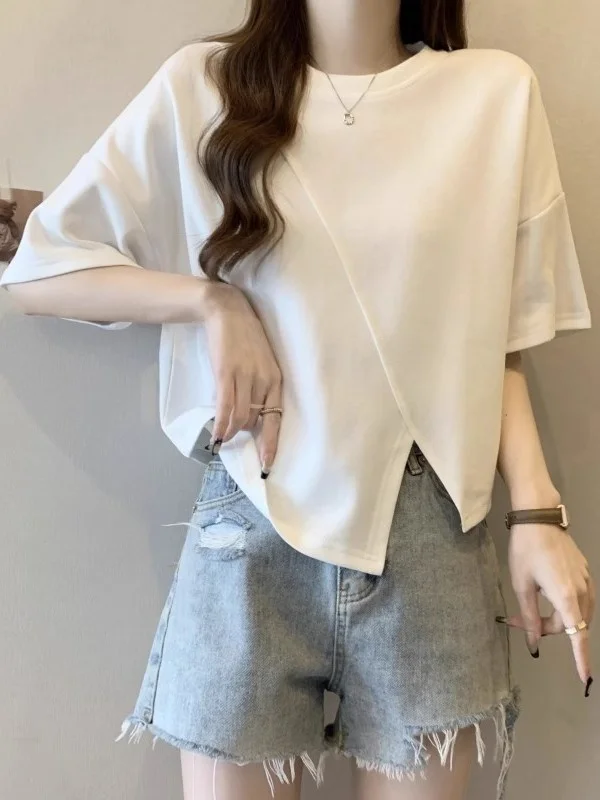 Summer Short Sleeve T-Shirt Women's Loose Design Unique Slimming Top Shoulder Width Regular Korean Style Commute Pure Color