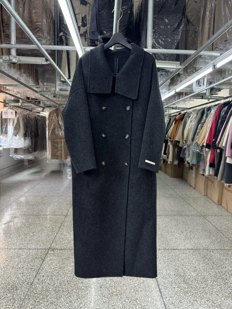 Solid Color High Quality Wool Coat Women Double-side Long Warm Woolen Caot Slit Double-breasted Alpaca Thick Jaket Autumn Winter