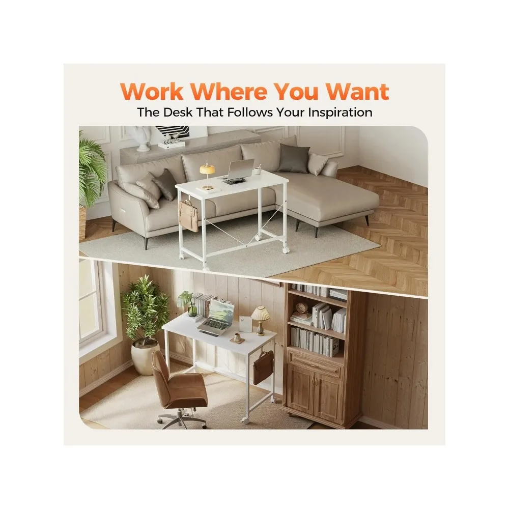 Compact Rolling Gaming Desk with Wheels for Home Office, Modern Style Small Space Computer Table for Study and Writing