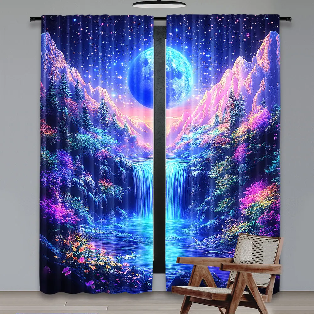 2Pcs Blue Moonlight Mountain Curtain Starry Night Sky Waterfall Lake Tree Woodland Fantasy Nature Scenery Aesthetic Room Decor