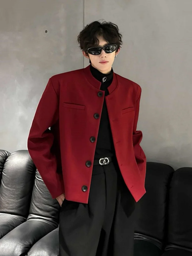 

New Chinese Style Men's Short Fit Jacket Stand Collar Suit Coat High End Feeling Cool Red Short Length Tailored Jacket