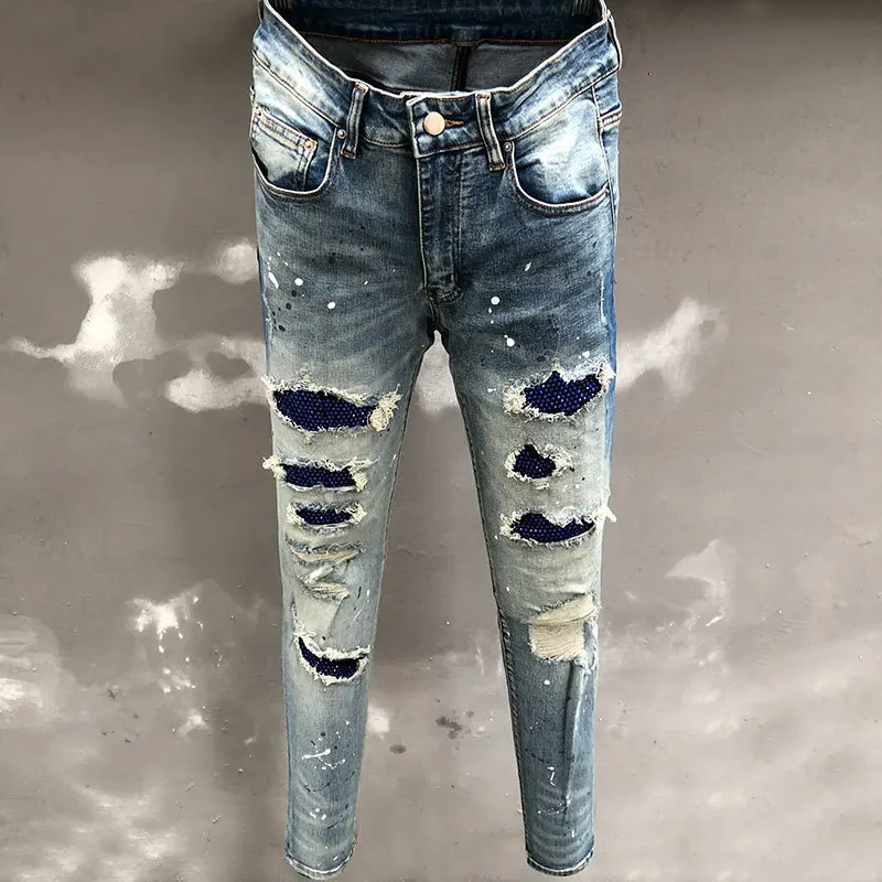 

Blue Motorcycle Pant Punk Jeans Retro Rhinestones Street Hole Stitching Jeans Men Hip Hop Ripped Designer Bootcut Jean For Men