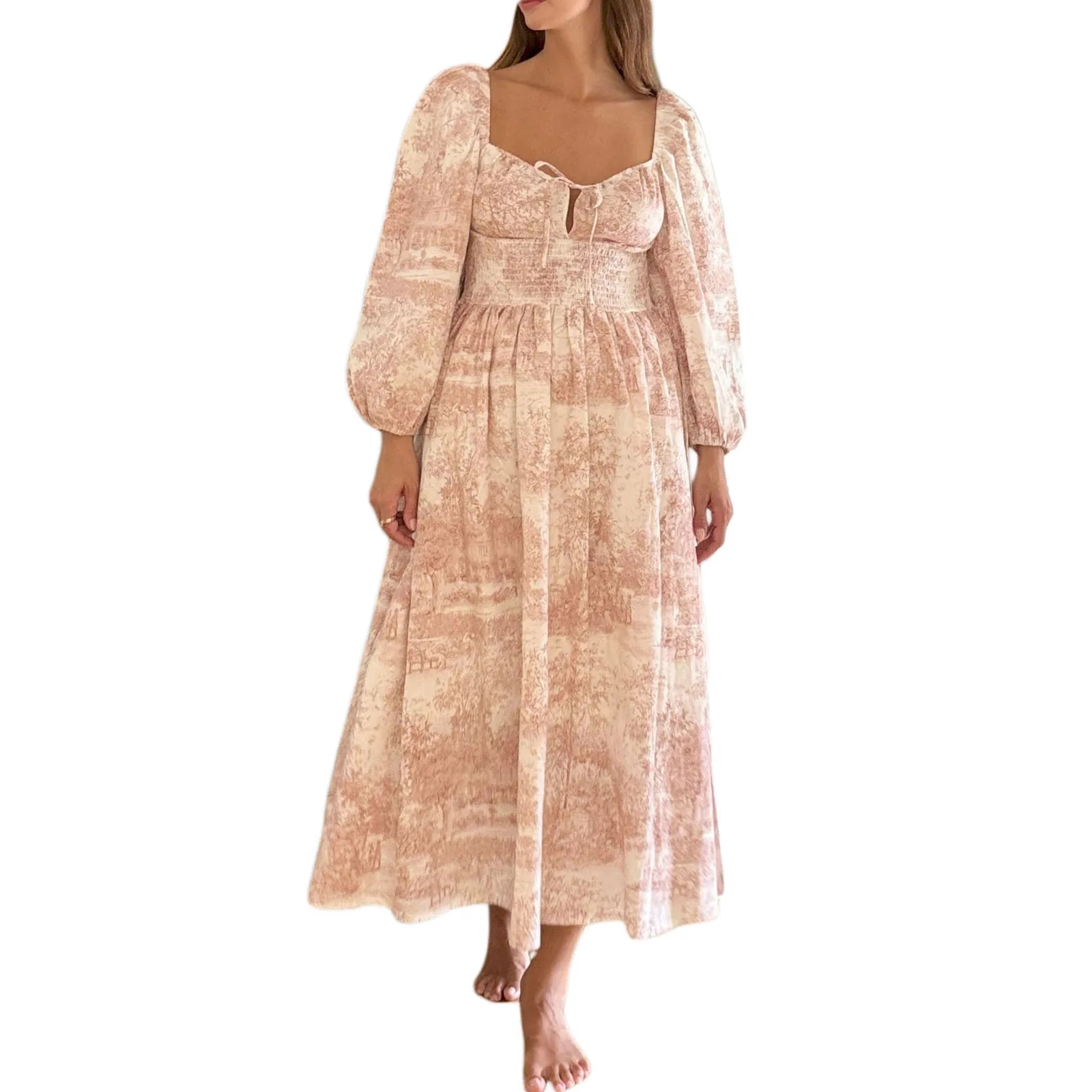 Robe trapèze smockée à manches longues lanterne pour femmes, robe décontractée, nœud floral, robes de soirée, été, nouveau, 2025