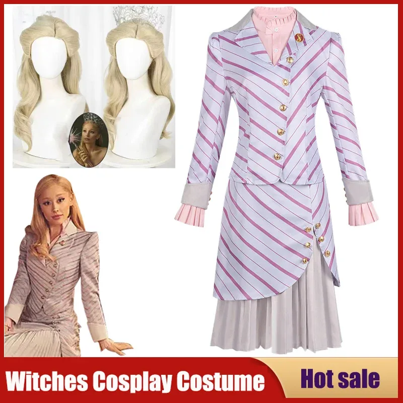 Disfraz de bruja de la película Wicked Glinda, vestido rosa para mujer adulta, uniforme escolar, traje con peluca, disfraz de fiesta de Carnaval, traje de fantasía