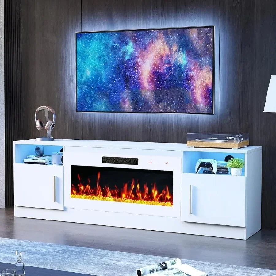 70 Fireplace TV Stand Entertainment Center for TVs UP to 80, MDF, White, Built-in Electric Fireplace with Adjustable Flame and