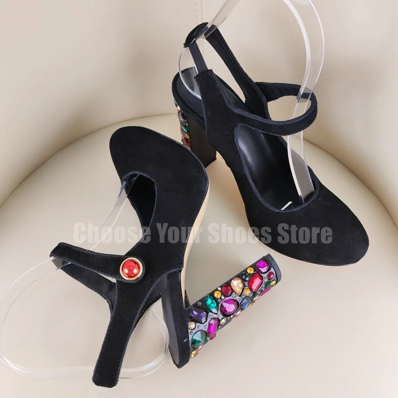 

Black Round Toe Colorful Crystal Heel Pumps Hook and Loop Fastener Women Shoes Chunky High Heels Party 2025 Zapatos Para Mujere