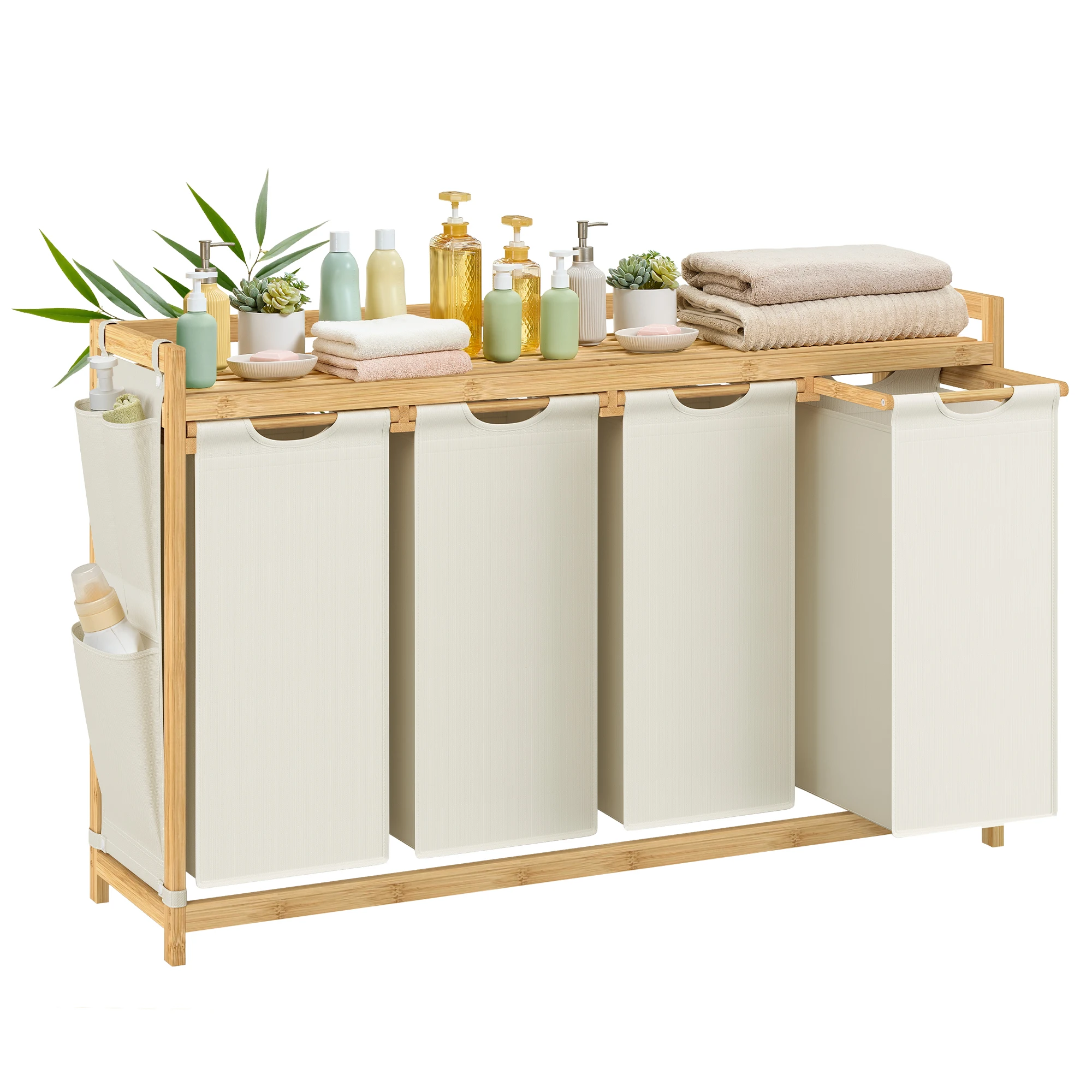 SONGMICS wasmand 4 handventilatoren bamboe wasmand 200 L was sorteermand met opbergvakken kleine zijvakken 4x50 L wit