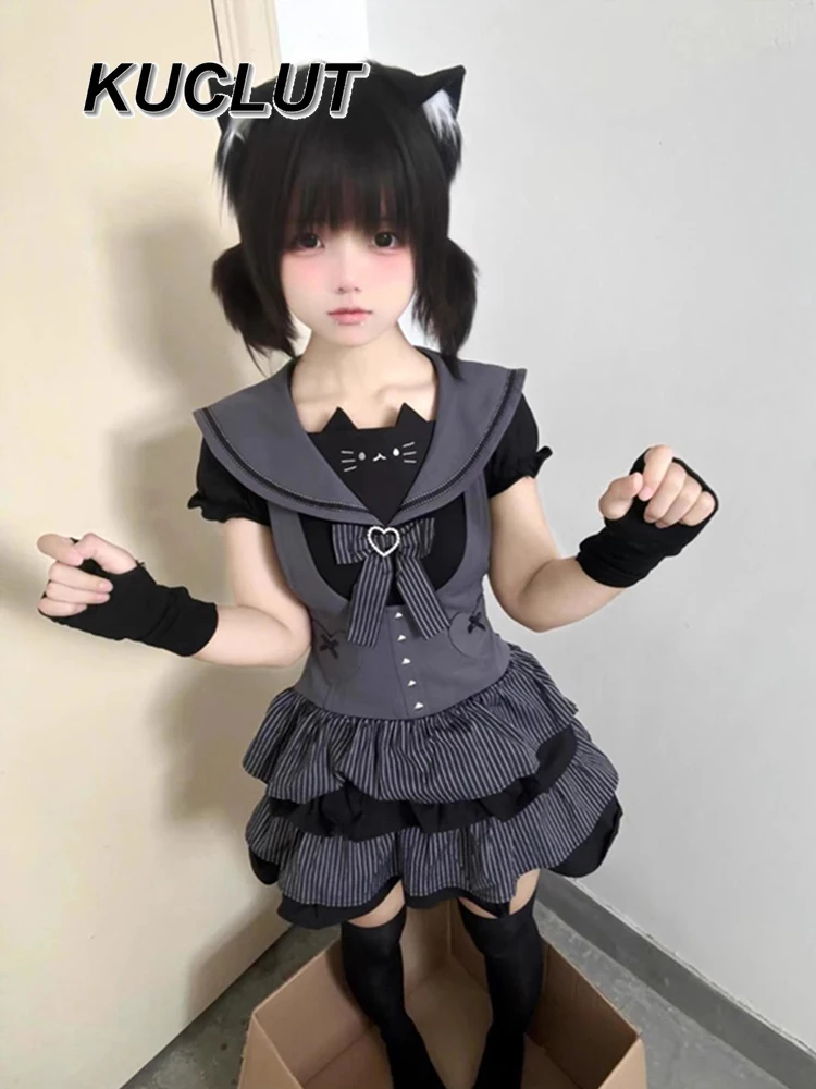 

Two-piece Sets Women Sweet and Cool Navy Style Lolita Style Contrasting Color Sleeveless Splicing Ruffle Top and Skirt Set