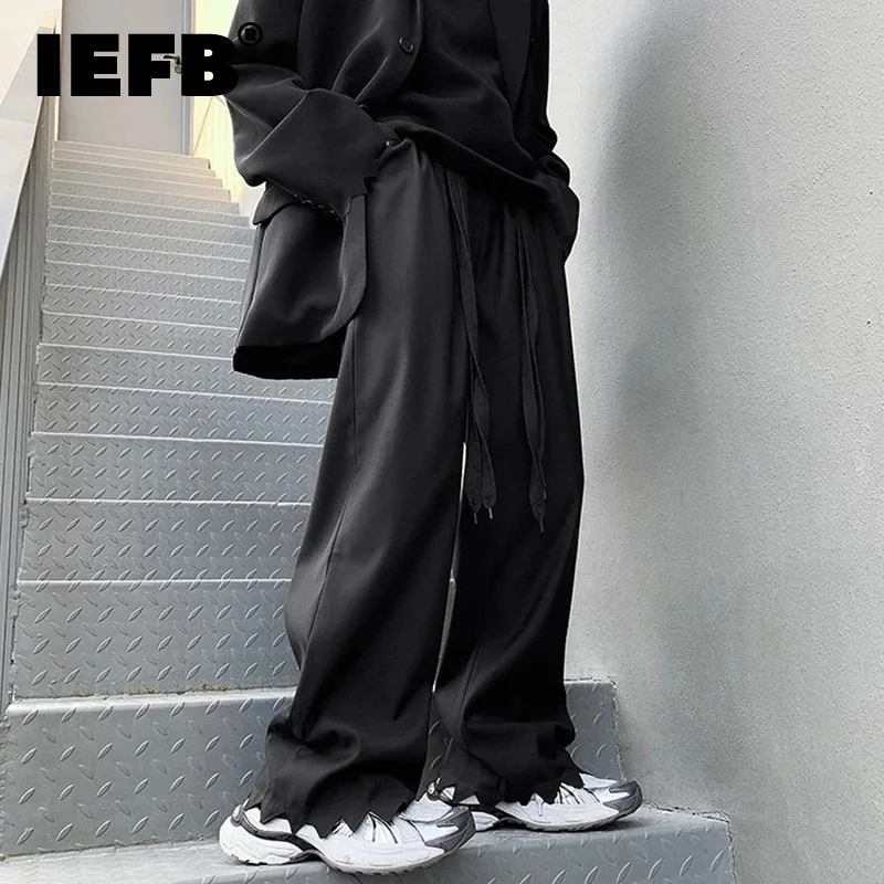 IEFB Serrated Trousers Loose Male Straight Suit Pants Lace-up Solid Color Pocket Casual 2024 Autumn Trendy Men Bottoms 9C7178