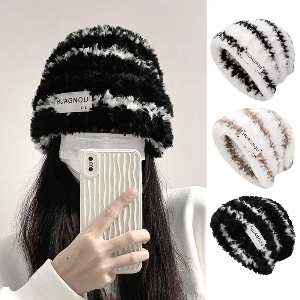 Ladies Hat Elastic Knitted Hat Plush Striped Winter Beanie for Women Soft Knitted Fluffy Hat with Heat Retention for Outdoor