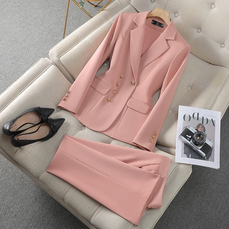 ZJYT Autumn 2024 Office Lady Business Formal Blazer Set Two Pieces Womens Outfit Elegant Long Sleeve Jacket Pants Sets Pink