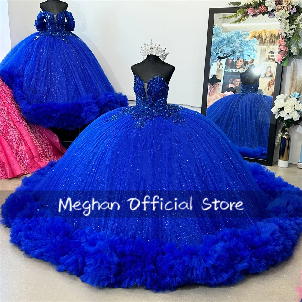 ROYAL BLUE Sweetheart เลื่อม Quinceanera Ball Gown ลูกปัด Appliques วันเกิดหรูหราชุด Ruffles ชุดหวาน 15 ที่กําหนดเอง