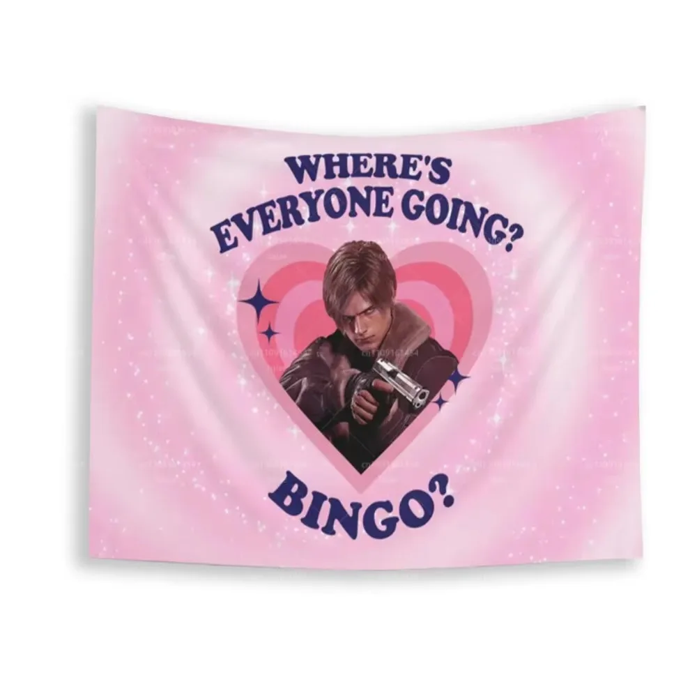 L-Leon K-Kennedy Where's Everyone Going? Bingo? Flag, L-Leon S. Kennedy Indoor Wall Tapestries, Leon Kennedy RE9 Flag