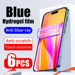 Película de hidrogel no de vidrio para iPhone, protector de pantalla suave, cubierta completa, antiluz azul, iPhone 15 Pro, 12, 14, 13, mini, 11, X, XR, XS, 6 unidades