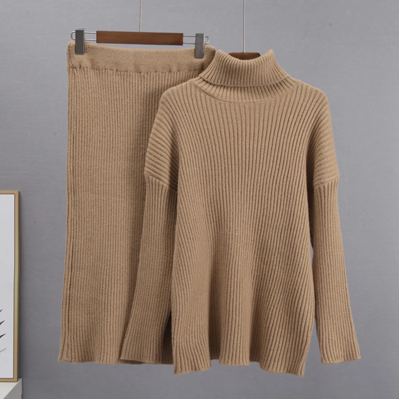 

Fashion Causal Women's Knitted Two-pieces Set Loose Warm Turtleneck Sweater Elastic Waist Mid-calf Skirts Female
