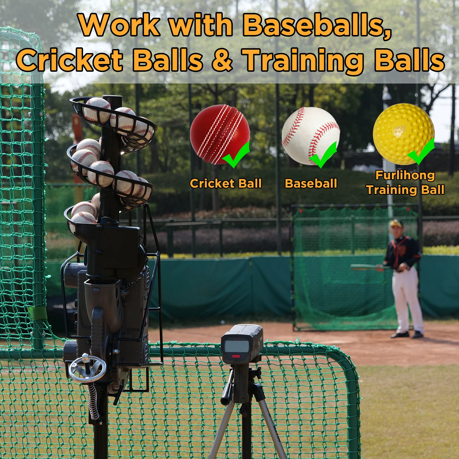 Baseball & Cricket Pitching Machine, Angle, Speed and Launch Interval Adjustable, 40 to 68 MPH