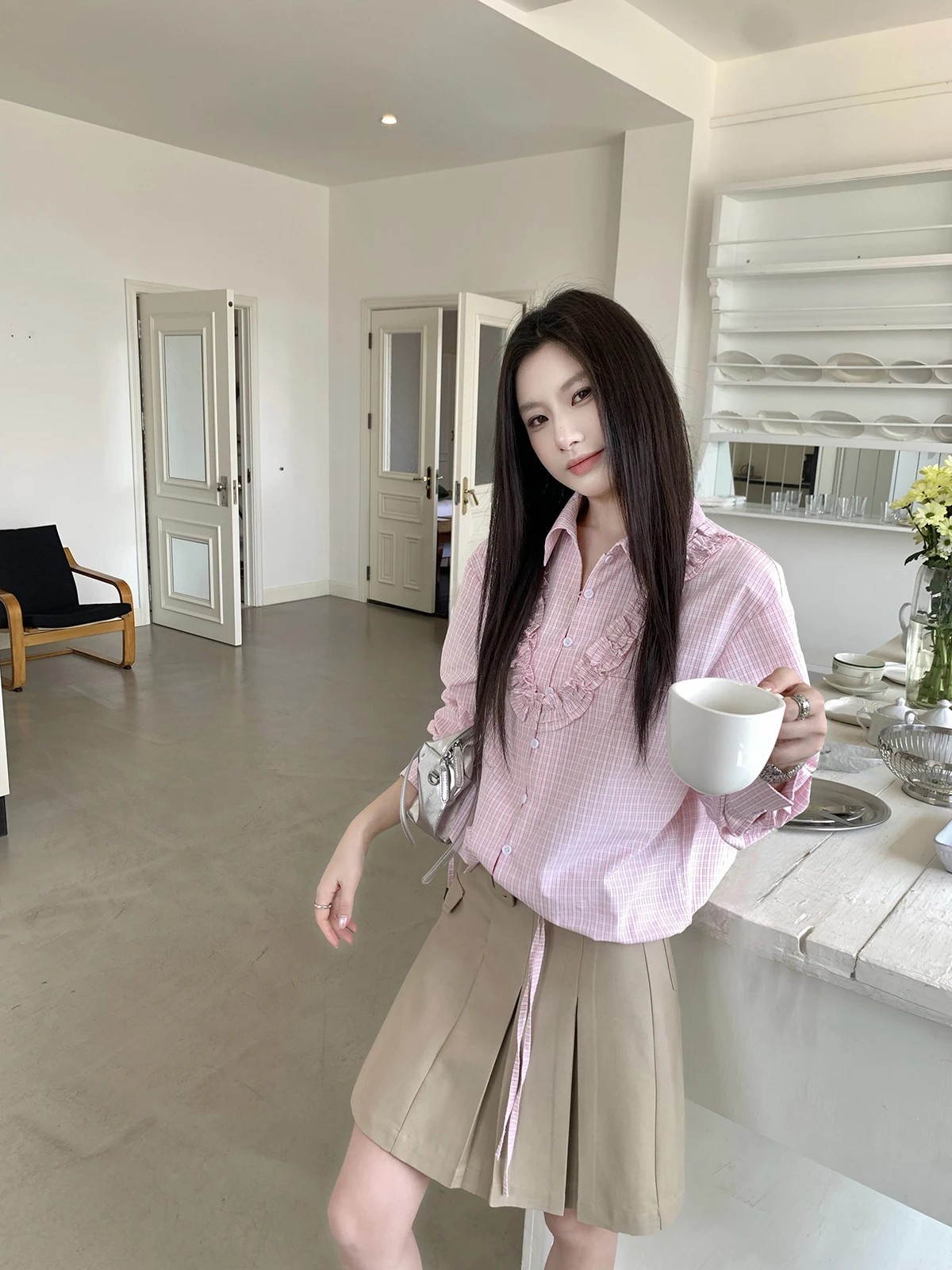 

Новая летняя свободная женская рубашка Joeyoo с коротким рукавом в клетку, красивая уникальная розовая рубашка в корейском стиле из смесового хлопка и полиэстера