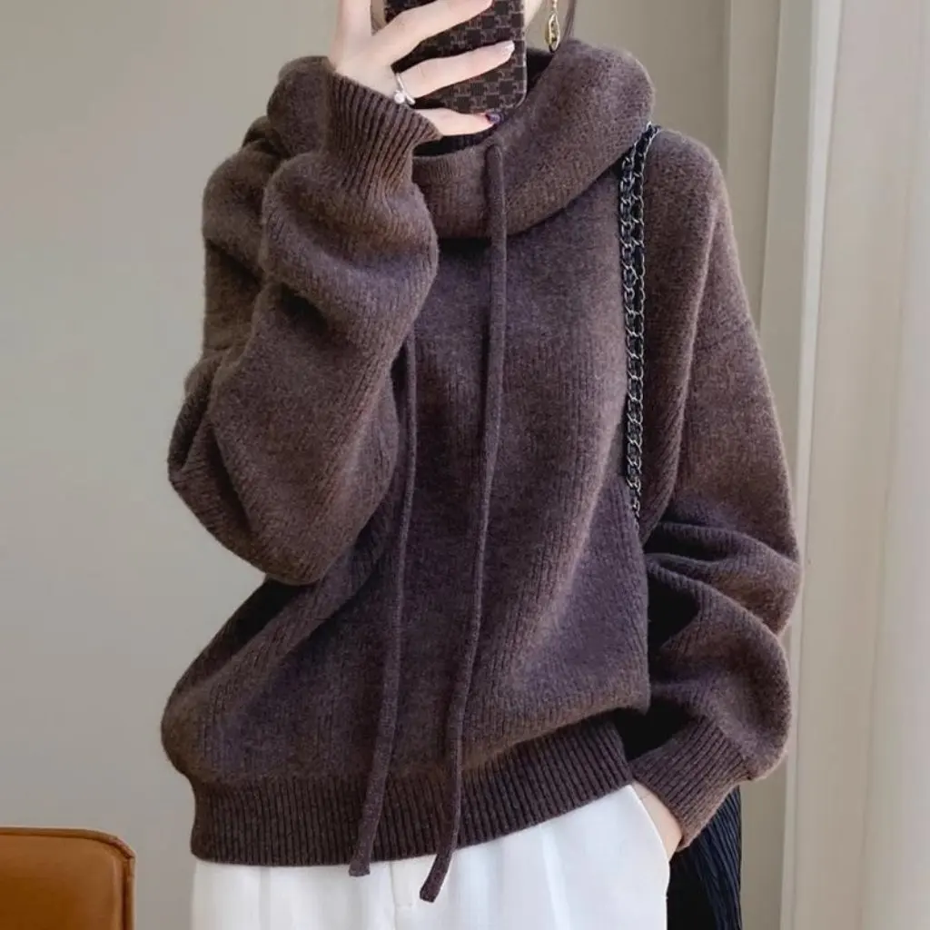 

Women's Pile Collar Lazy Style Sweater European American Spring Autumn New Solid Color Loose Thick Trendy Top