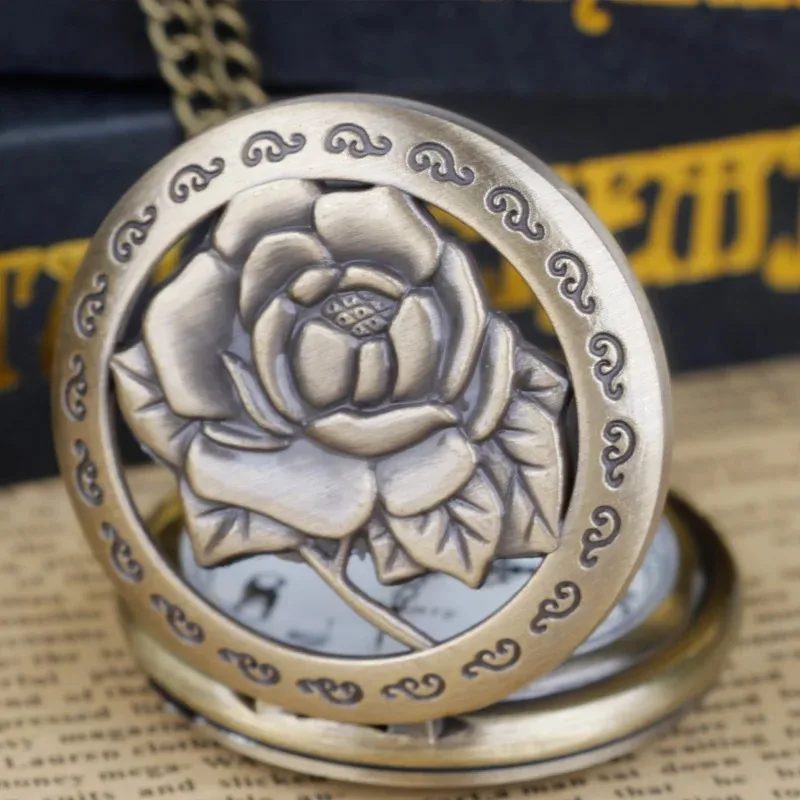 Bronze retro oco rosa flores design quartzo antigo relógio de bolso colar relógio antigo pingente relógios para mulher