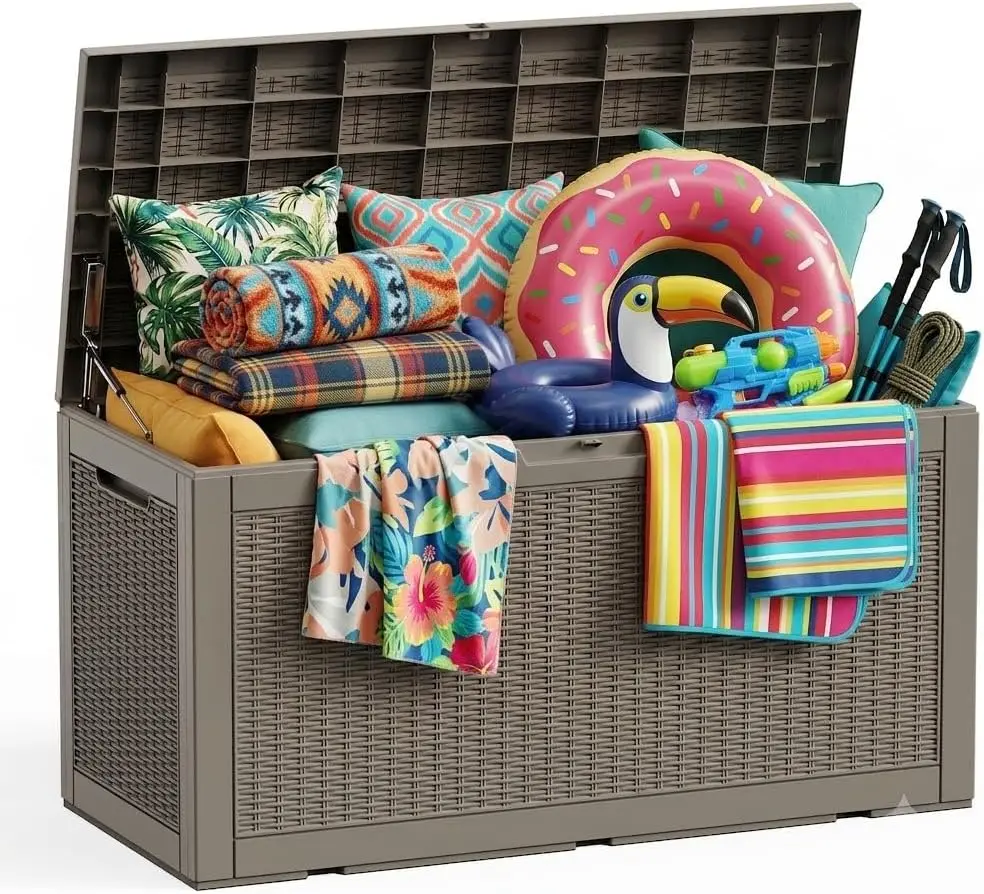 160 Gallon Lockable Resin Outdoor Deck Box, Waterproof UV & Weather‑Resistant Storage Bench Seat with 600 lbs Capacity, Tool‑Free Assembly, Padlock Compatible for Patio Cushions and Pool Supplies