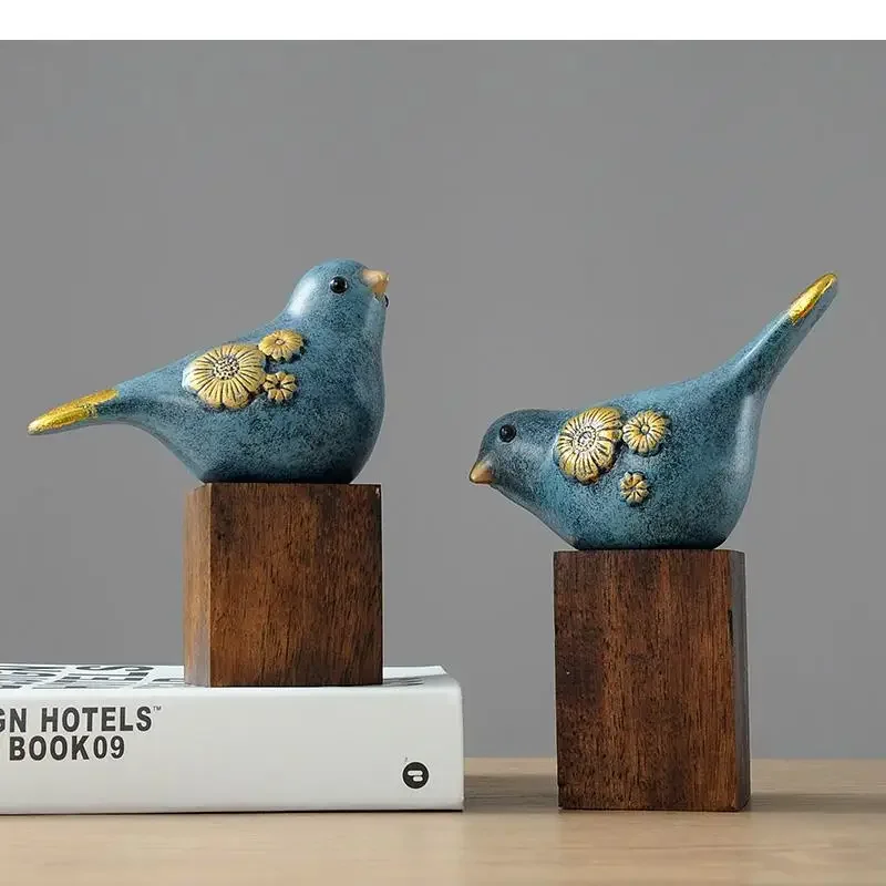 Magpie Sculpture 2 Pcs/set Resins Statue Desk Decoration Cute Birds Crafts Statuette Imitation Wooden Base Home Decor Modern