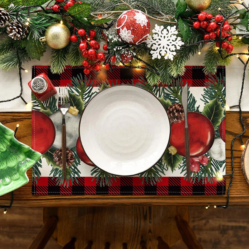 Christmas Placemats Set of 4 Bright Vintage Christmas Ball Pattern Linen Table Mats Festival Decorations for Home