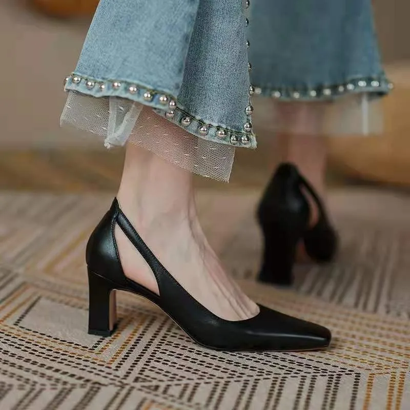 Spring Summer Women Pumps Solid Thick High Heels Female Shoes Hollow Square Head Retro Slip on Heels Women Dress Tacones Mujer