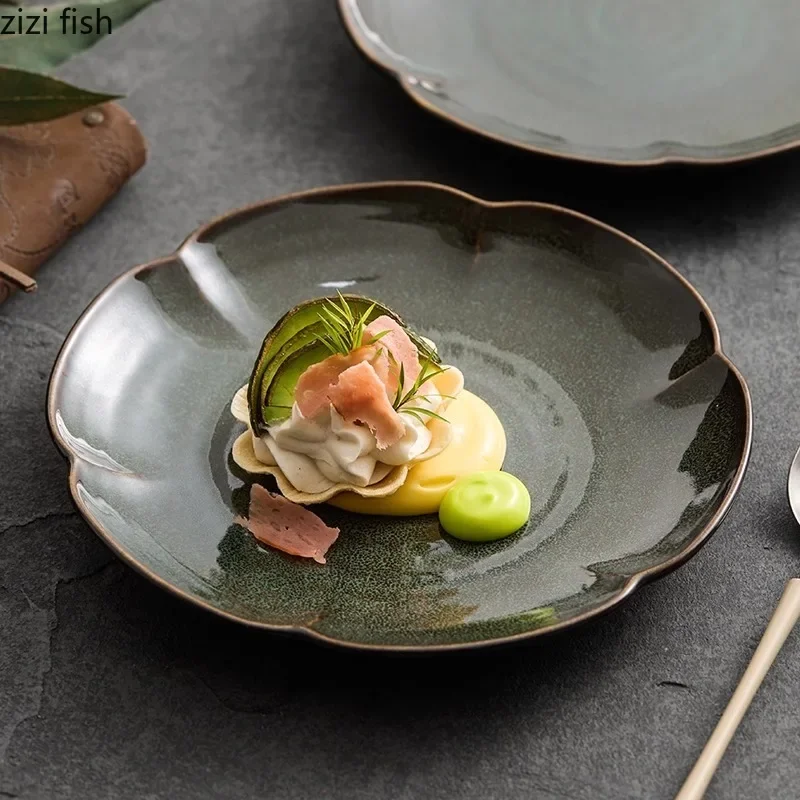 

Kiln Changes Olive Green Flower Shaped Plate Ceramic Dessert Plate Sushi Plates Snack Plates Molecular Cuisine Tableware