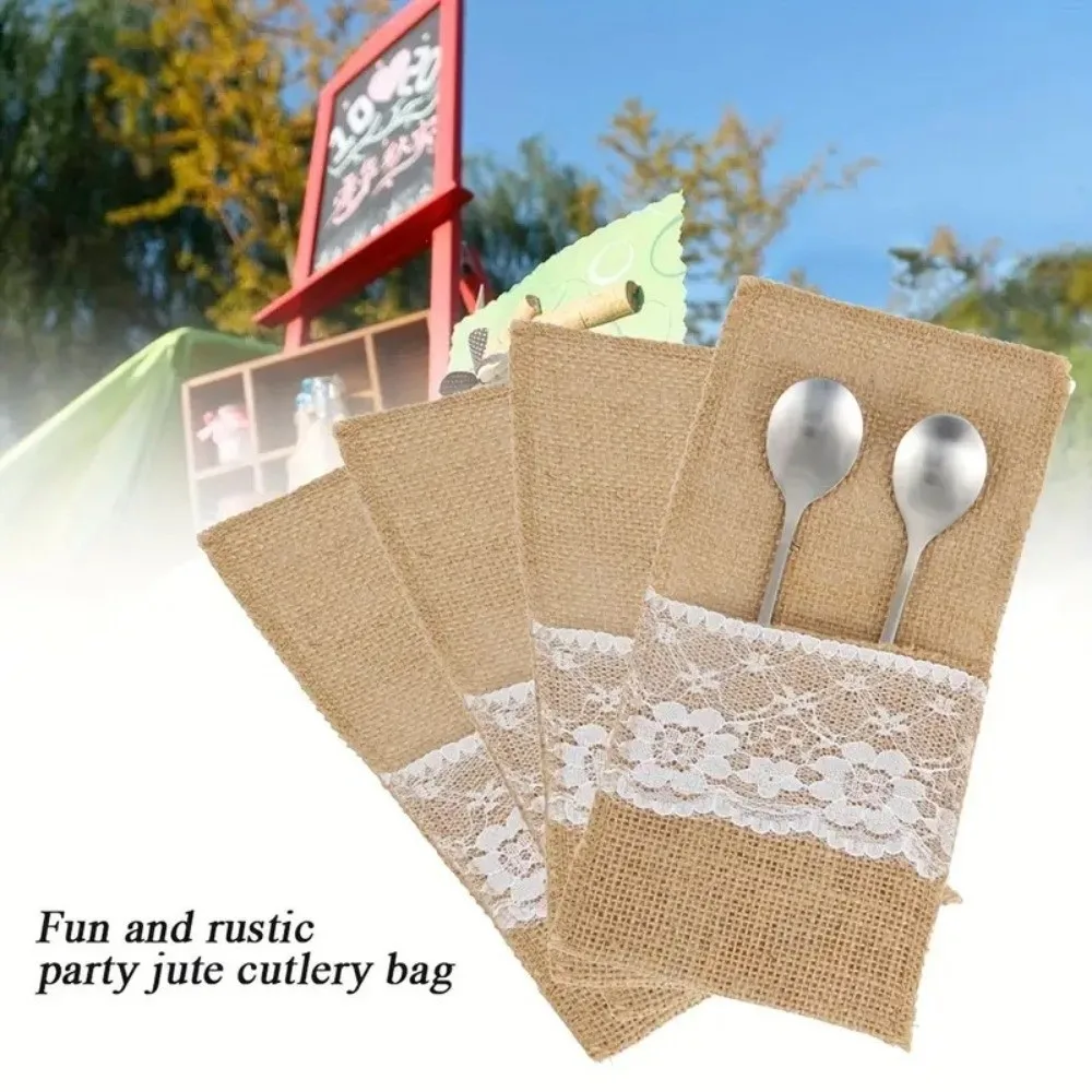 

Vintage Rustic Style Linen Lace Cutlery Bag Burlap Decorative Utensil Cutlery Holders Lace Chopsticks Sleeve Desktop Ornaments