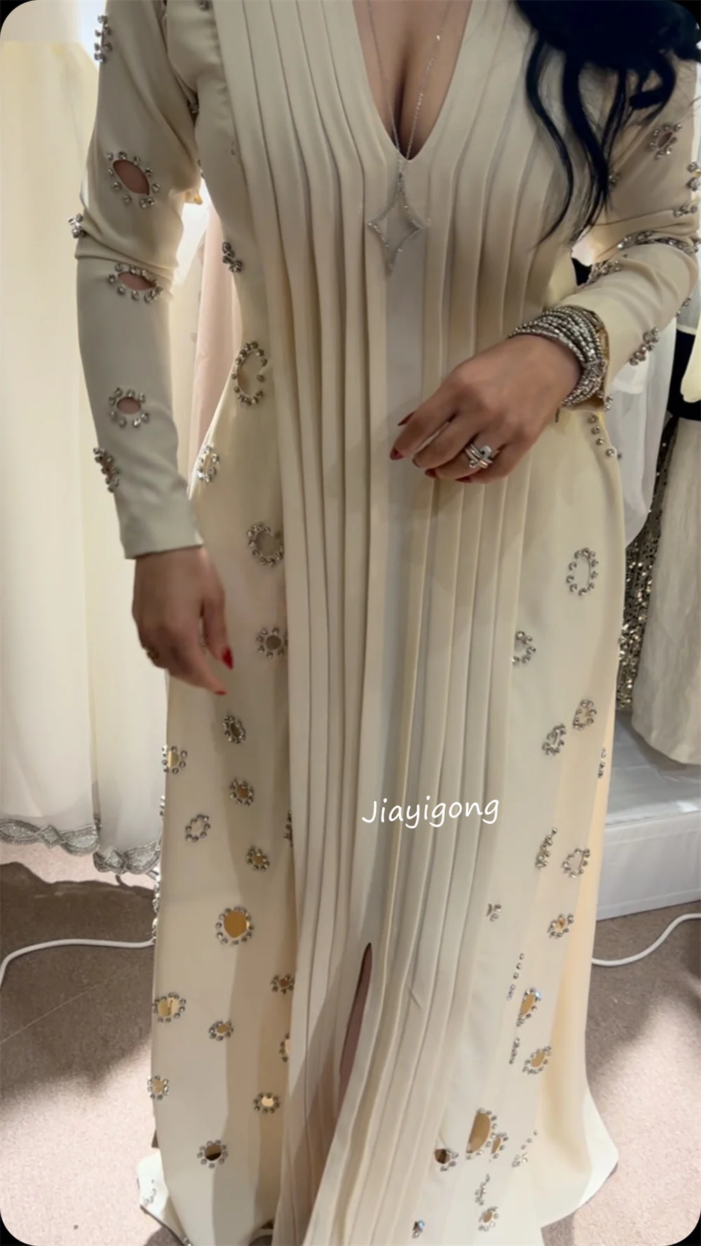 Jersey informal personalizado con lentejuelas y plisado, vestidos largos con cuello en V, ocasión a medida, estilo chino elegante