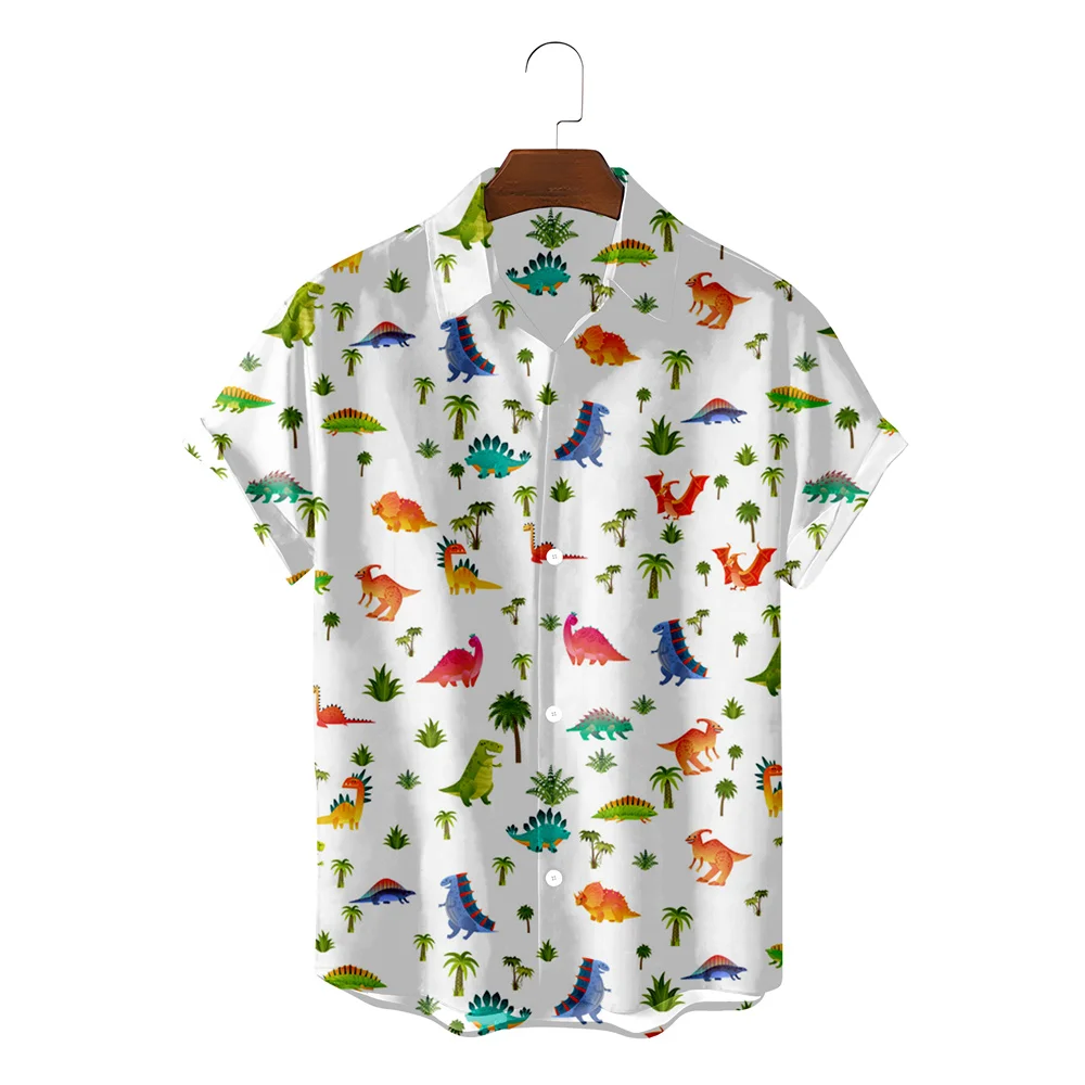 2024 Cute Funny Dinosaur Pattern Printed Men\'s Hawaiian Beach Vacation Short Sleeve Shirts Men\' S Cardigan Shirts Shirts