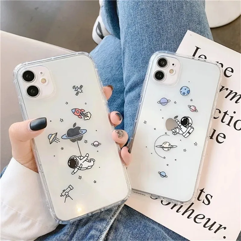 Cute Cartoon Space Astronaut Transparent Phone Case For iPhone 15 14 13 12 11 Pro Max Mini X XR XS 7 8 Plus SE Protection Cover