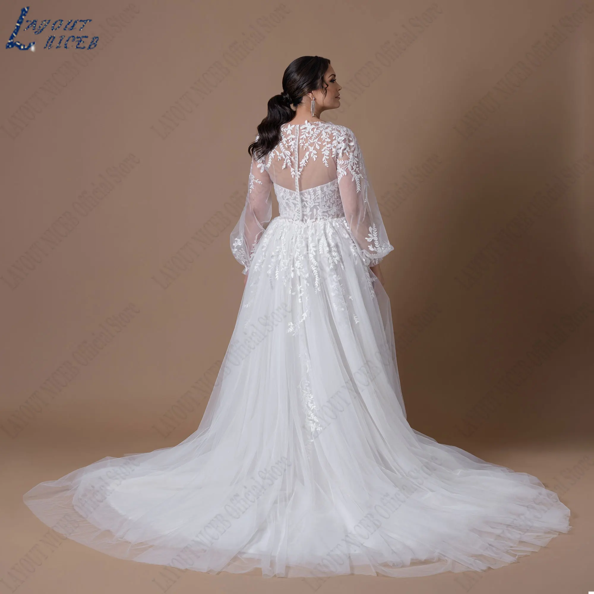 LAYOUT NICEB O-Neck Appliques Tulle Weeding Dresses Long Puff Sleeves Backless Bride Gowns Back Buttons A-Line vestidos de noiva