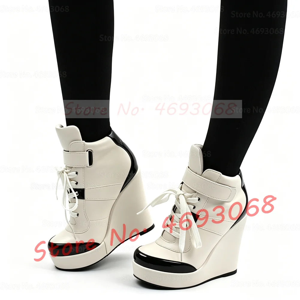 Weiße Leder-Plateau-Keilsneaker-Stiefel für Damen, Trendige Schwarze Patchwork-Stiefeletten mit Runder Spitze, Luxuriöse Schnür-Sportschuhe für Damen