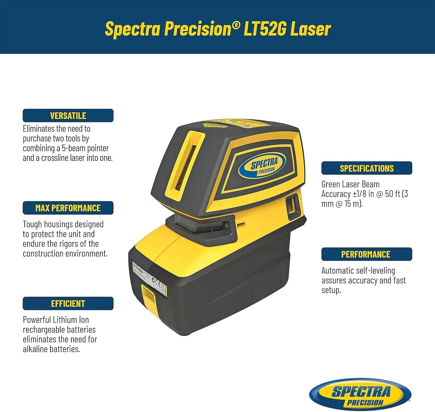 Spectra Precision LT52G Multi-Purpose Laser Tool with Green Beam Cross Lines and 5 Alignment Points, Automatic Self-Leveling