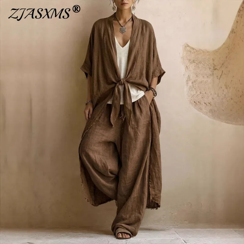 Women Robe Jacket & Wide Leg Pocket Pants Sets Open Front Tie Waist Kimono 2 Piece Suit New Bohemian Casual Summer Resort Outfit