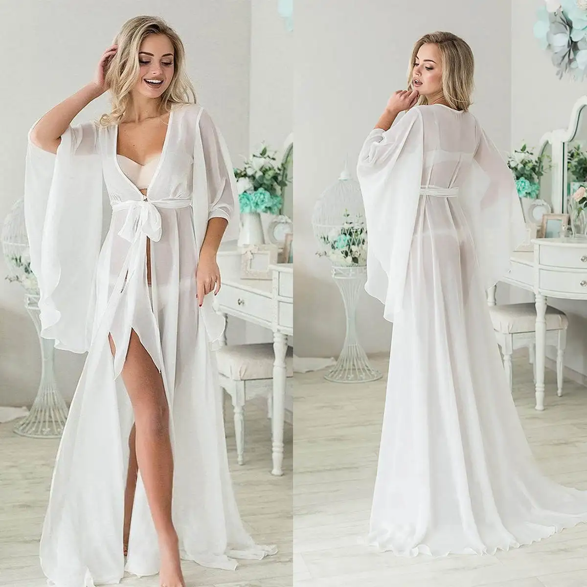 

Simple Women Bathrobe Split Bride Pregnant Party Ruched Maternity Dresses Sheer Nightgown Pijama Evening Dress Custom Made