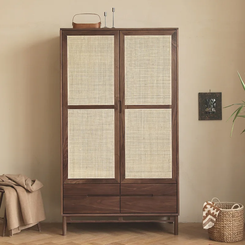 Household Japanese vintage rattan wardrobe combination walnut solid wood double-door storage wardrobe small bedroom designer