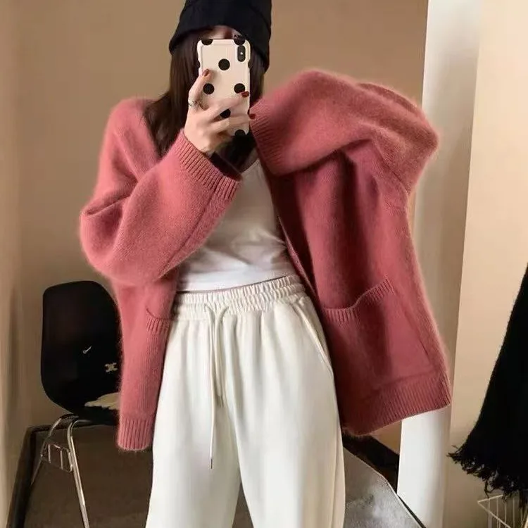 المرأة محبوك سترة معطف الدب المخملية فضفاضة طويلة Sve منتصف طول سترة مفتوحة ربيع الخريف الكورية الرجعية اليابانية Sle #5