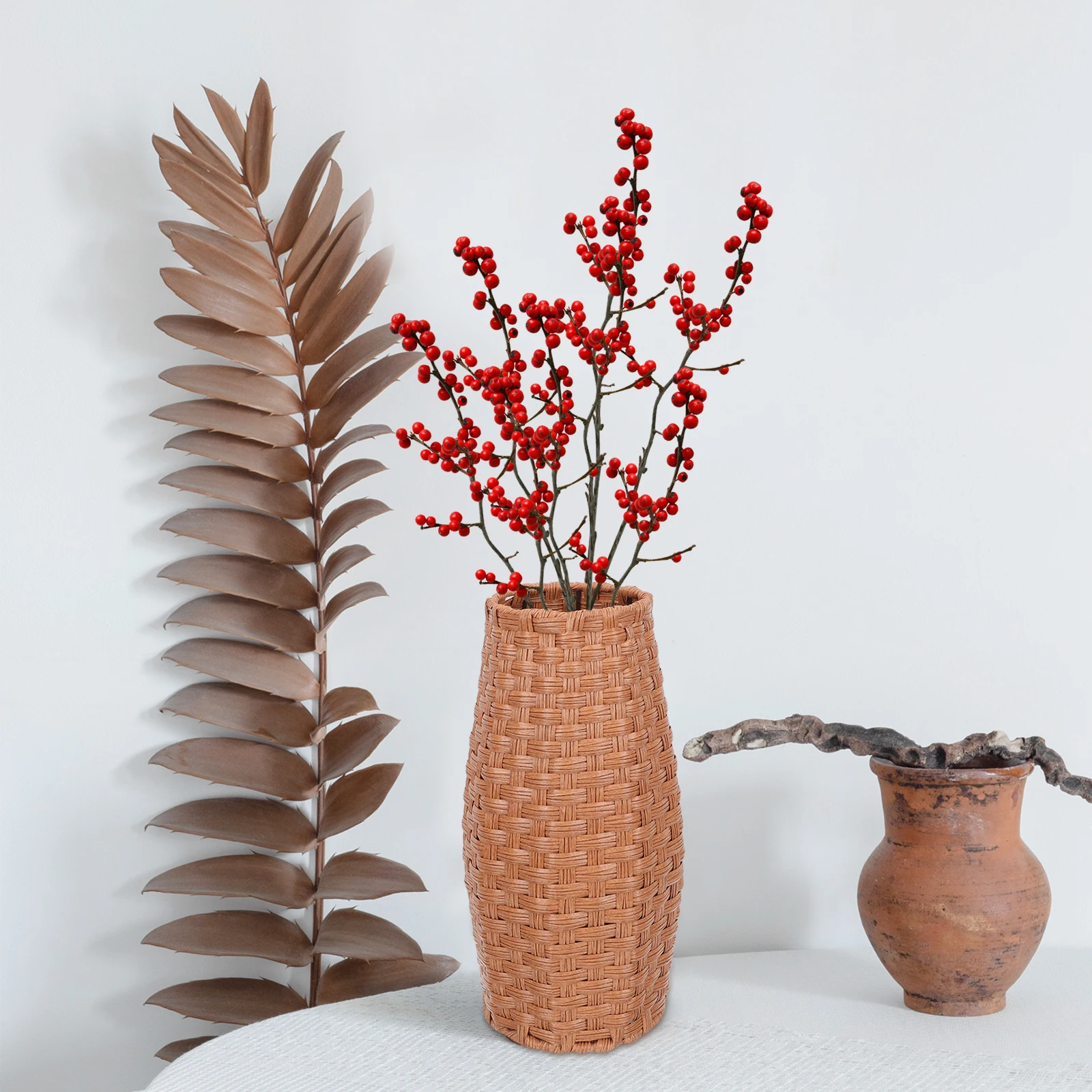 

Retro Flower Vase Brown Woven Design Desktop Office Decorative Vase For Dried Flowers Home Decoration Woven Flower