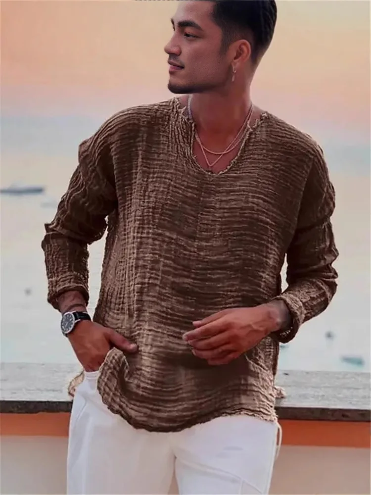 

Casual Loose Men's V-Ne Pullover irt Pure Color Long Sve T-irt Comfortable Fit Winter Faion Youthful Sle