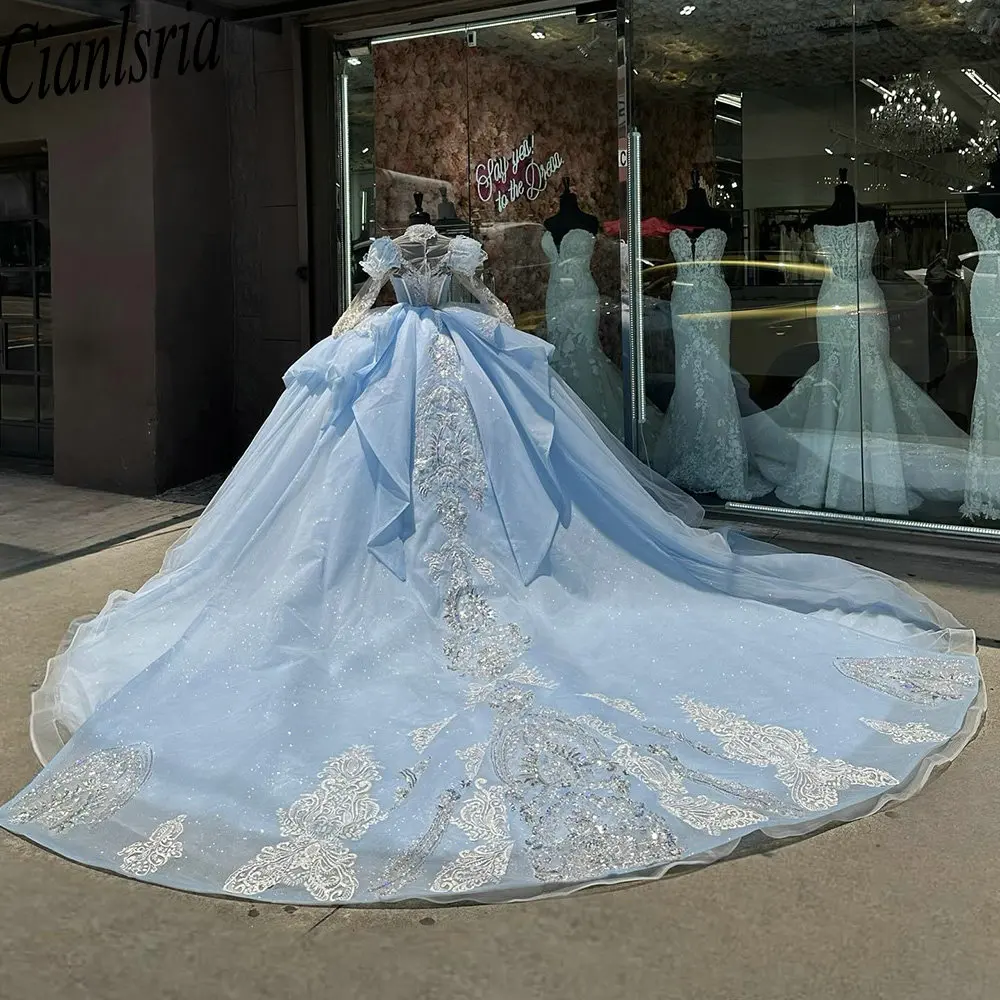 Light Blue High Neck Long Sleeve Ruffles Ball Gown Quinceanera Dresses Crystal Beading Appliques Lace Corset Vestidos De 15 Anos