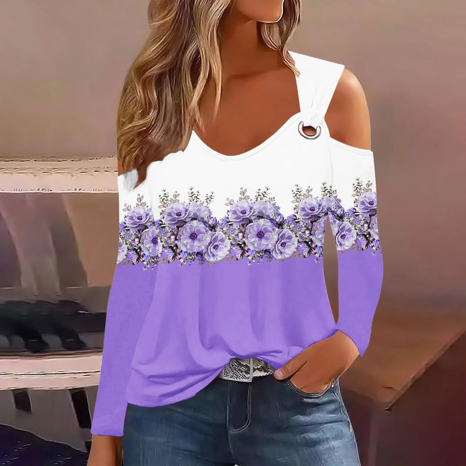 2024 Jesienna koszulka z długim rękawem dla kobiet Casual Hollow Out Tshirt Woman Tops Floral Print Sexy Off Shoulder T Shirt Top Femme