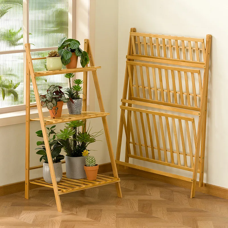 Multi layer folding bamboo flower rack, outdoor plant rack, flower pot rack, trapezoidal storage rack, decorative flower rack