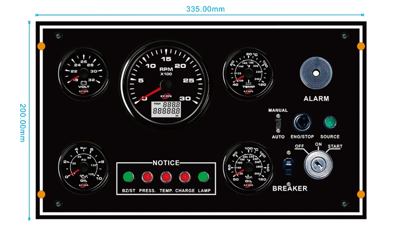 335*200 mm 9-32V 0-10Bar IP67 Waterproof 316L Stainless Steel Marine Gauge Boat Instrument Panel