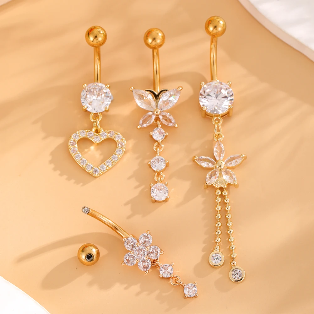 3-6pcs/lot Gold Color Belly Button Rings Sets Long Heart Butterfly Flower Chain Dangled Belly Piercing Pack Stainless Navel Ring