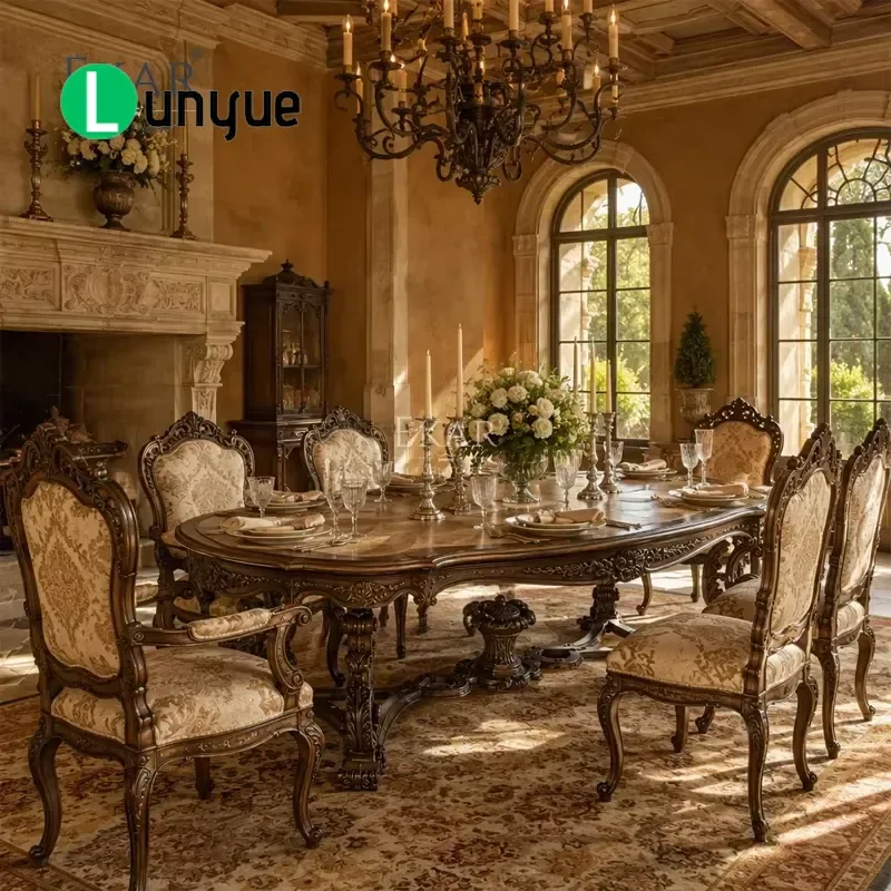 Baroque Oval Dining Table French Classic Sun Pattern Inlay Luxury Wood Furniture for Home Living Room Elegant Decorative